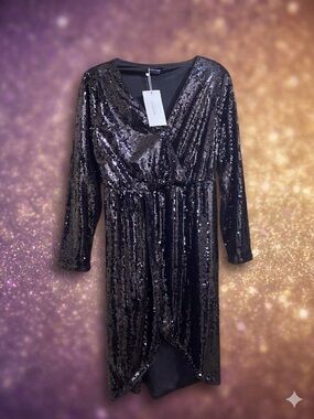 Bloom Chic NWT Black Sequin Wrap Dress